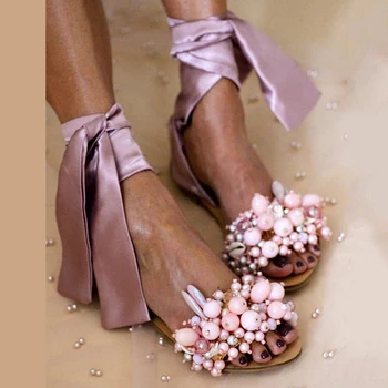 2020 Vara Sandale Feminine Dantelă De Moda Plat Sandal Non-Alunecare Sălbatice Drăguț Margele Floare Casual Band Doamnelor Pantofi 35-43