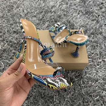 2021 Femei de Moda Tocuri inalte, Sandale de Vară în Afara Snake Print Pantofi Femei Dantelă-Up Cruce Curea Sandale Gladiator 11.5 CM Tocuri