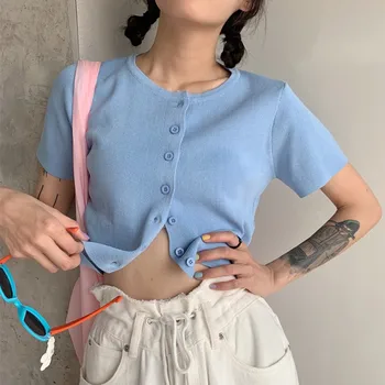 Femei Singure pieptul Topuri de Moda O Solidă Gât Maneci Scurte Tricotate Sexy Slim Topuri Tricou Nou de Vânzare Fierbinte