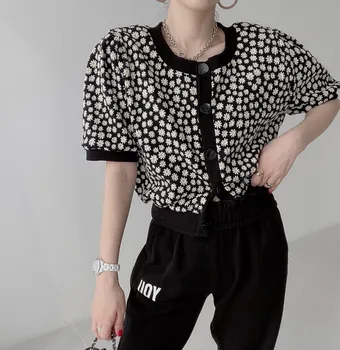 Florale Imprimate Bluza Femei 2021 Vara Noi O Gatului Maneci Scurte Tricotate Tricou Femei Singure Pieptul Stil Coreean Blusa