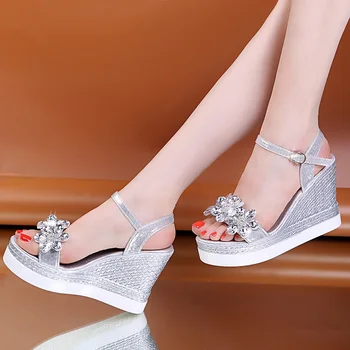 Lucyever Floare De Cristal Sandale Cu Platforma Femei 2021 Vară De Moda Curea Glezna Wedge Sandalias Mujer Aur, Argint Pantofi De Partid