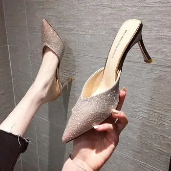 Noi Sălbatic Net Celebrity Sandale Baotou Sandale cu toc Înalt Doamnelor Papuci Femei Exterior Purta la Modă a Subliniat Toe Stilet
