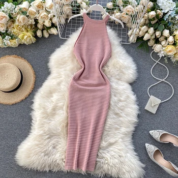 Rochie din tricot 2021 Femei Simple de Vara Solid Petrecere Rochii Sexy de Pe Umăr Halter Guler Slim Rochie de la Jumătatea vițel Vestidos Mujer