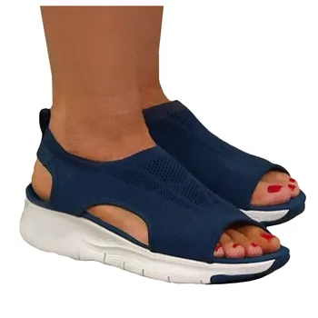Vara Plat Sandale de Plaja pentru Femei Cap de Pește Casual Maneca Tri-color Moda Sandale cu Toc mic pentru Femei Respirabil Sandale Pantofi