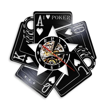 Îmi Place Poker Royal Flush Spades Joc De Noroc Cameră Decorative De Perete Ceas De Cărți De Poker Din Las Vegas Jocuri De Noroc Carduri Disc De Vinil Ceas De Perete